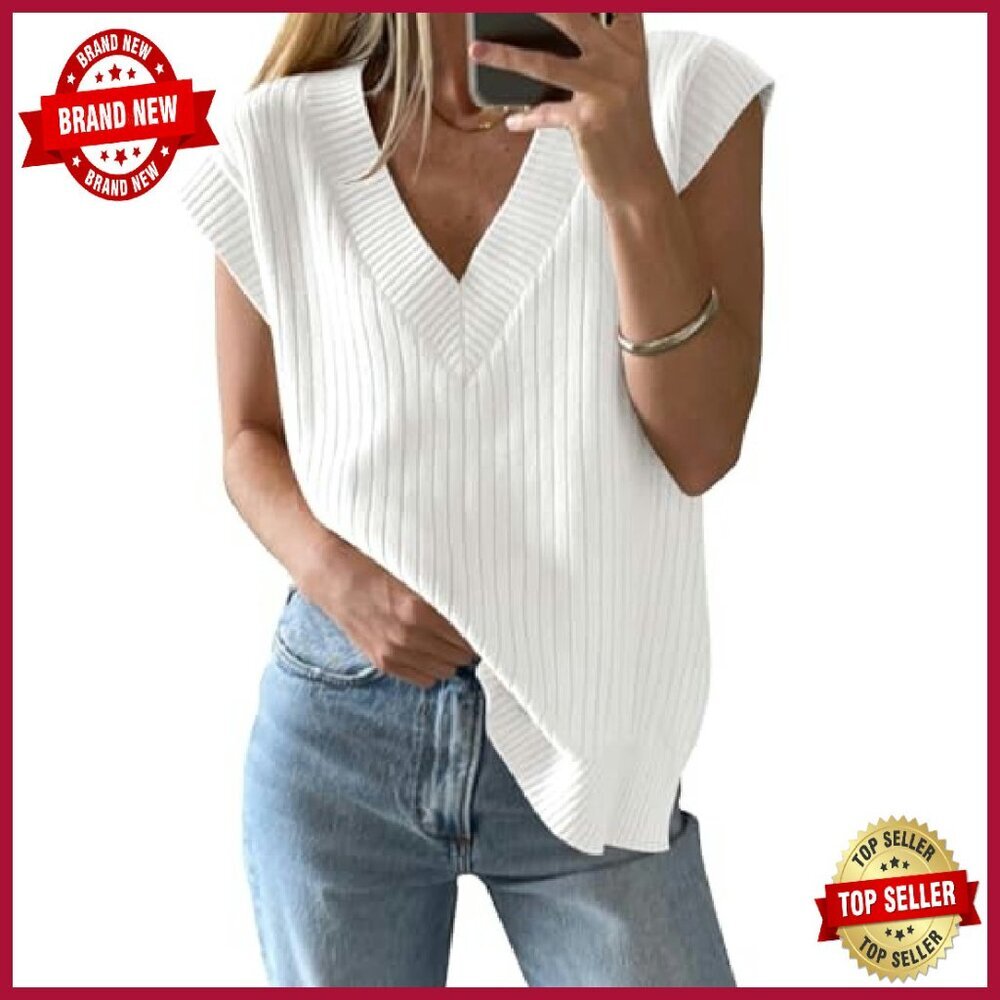 Oversized Ribbed Knit Sweater Vest V-Neck Sleeveless Pullover Tank Top - Picture 2 of 8